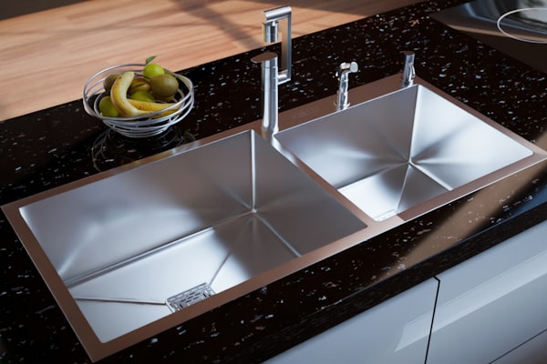 Modern double-bowl stainless steel kitchen sink with chrome faucet